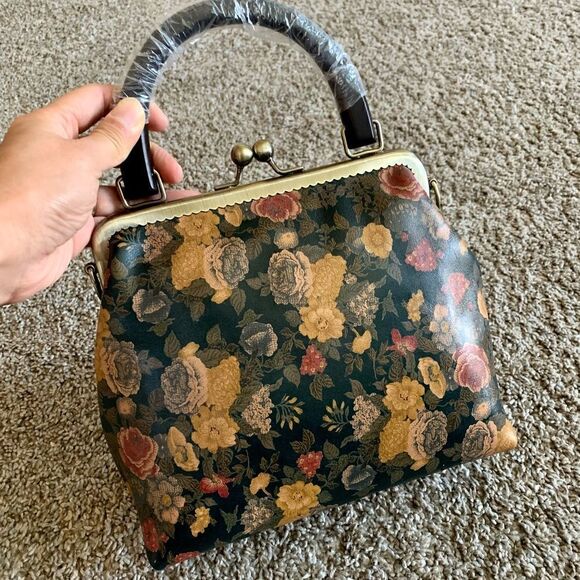 Handmade Genuine Leather Floral Print, Top Wood Handle Bag & Small Clutch Set - Picture 5 of 16